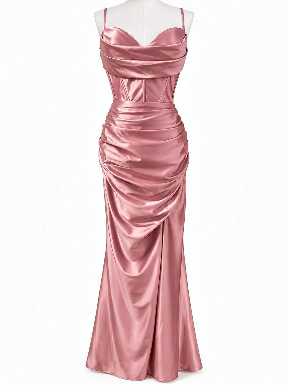 GB Social Corset Cowl Neck Lace-Up Back Slit Hem Satin Long Dress Pink Maxi